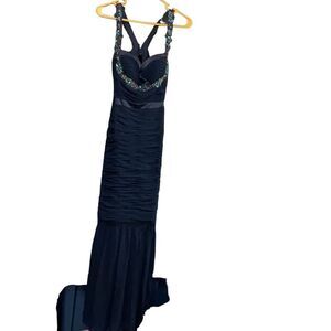Faviana Couture Blue Mermaid Formal Fitted Gown Beaded Open Back Size 4 FLAW